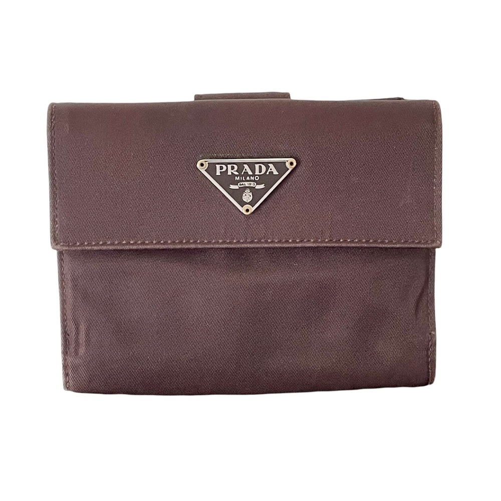 Prada brown nylon triangle logo compact wallet